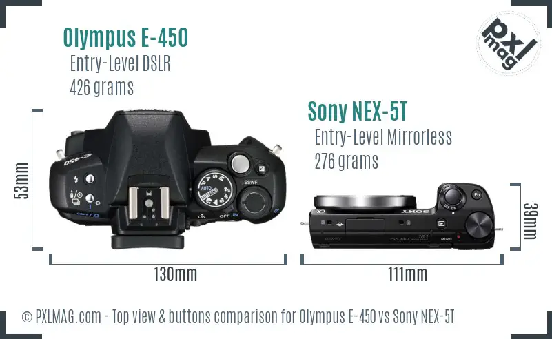 Olympus E-450 vs Sony NEX-5T top view buttons comparison