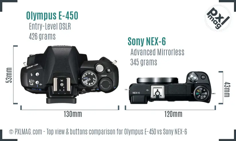 Olympus E-450 vs Sony NEX-6 top view buttons comparison