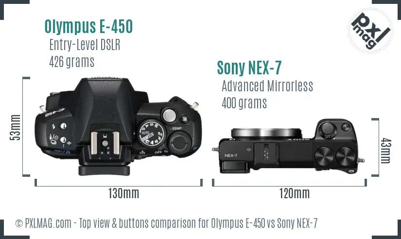 Olympus E-450 vs Sony NEX-7 top view buttons comparison