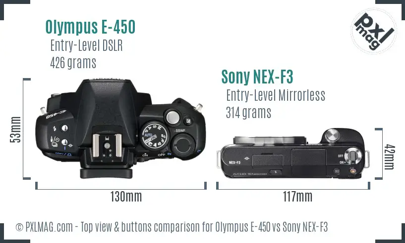 Olympus E-450 vs Sony NEX-F3 top view buttons comparison Olympus E-450 vs Sony NEX-F3 top view buttons comparison