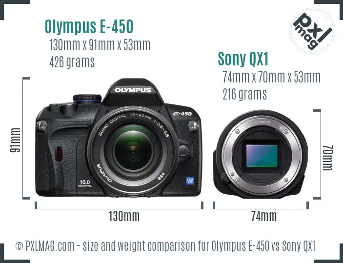 Olympus E-450 vs Sony QX1 size comparison