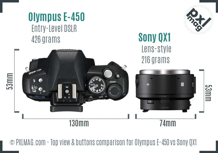Olympus E-450 vs Sony QX1 top view buttons comparison