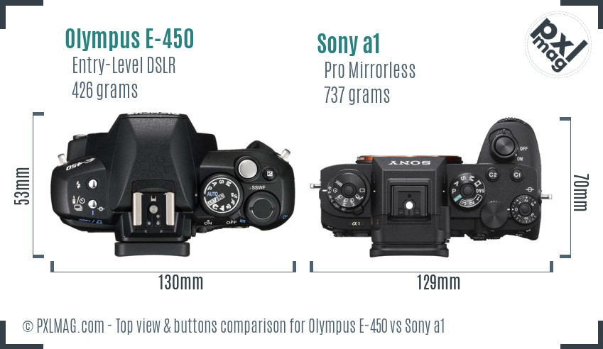 Olympus E-450 vs Sony a1 top view buttons comparison