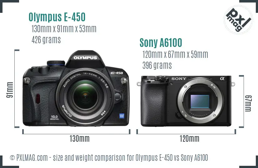 Olympus E-450 vs Sony A6100 size comparison