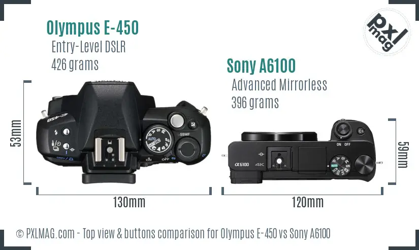 Olympus E-450 vs Sony A6100 top view buttons comparison