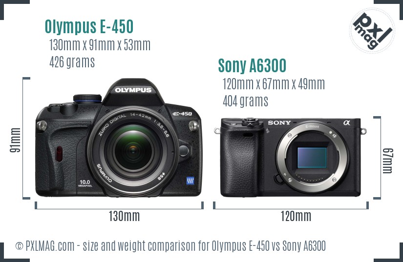 Olympus E-450 vs Sony A6300 size comparison