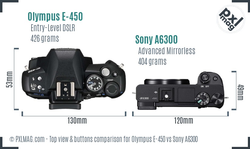 Olympus E-450 vs Sony A6300 top view buttons comparison