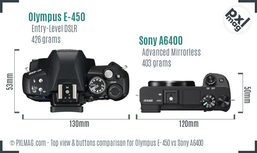 Olympus E-450 vs Sony A6400 top view buttons comparison