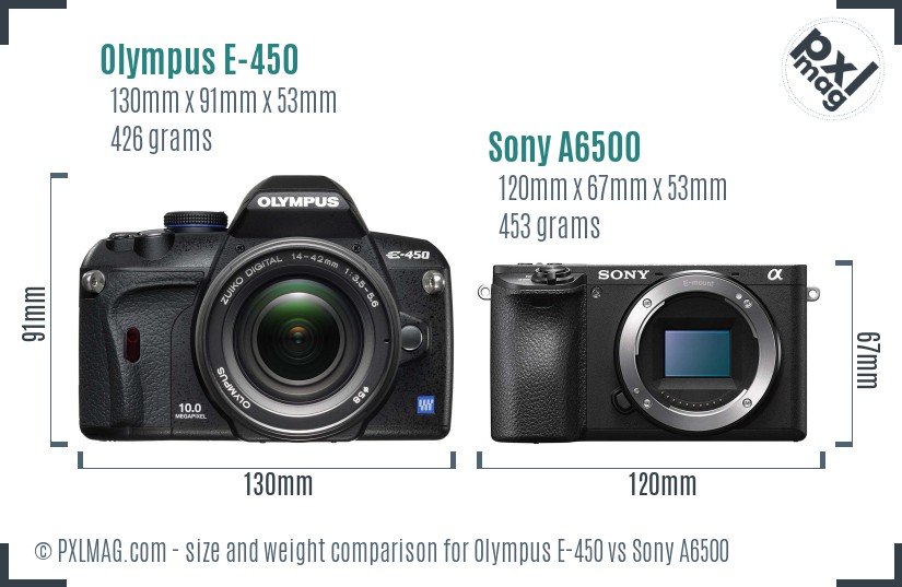 Olympus E-450 vs Sony A6500 size comparison