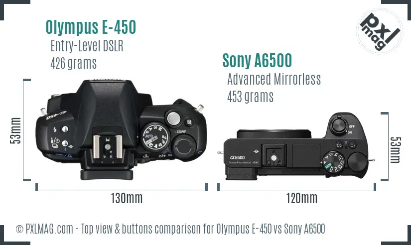 Olympus E-450 vs Sony A6500 top view buttons comparison