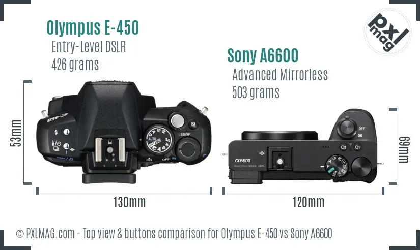 Olympus E-450 vs Sony A6600 top view buttons comparison