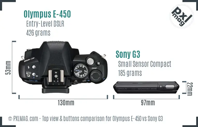 Olympus E-450 vs Sony G3 top view buttons comparison