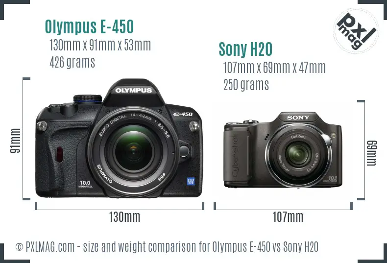 Olympus E-450 vs Sony H20 size comparison