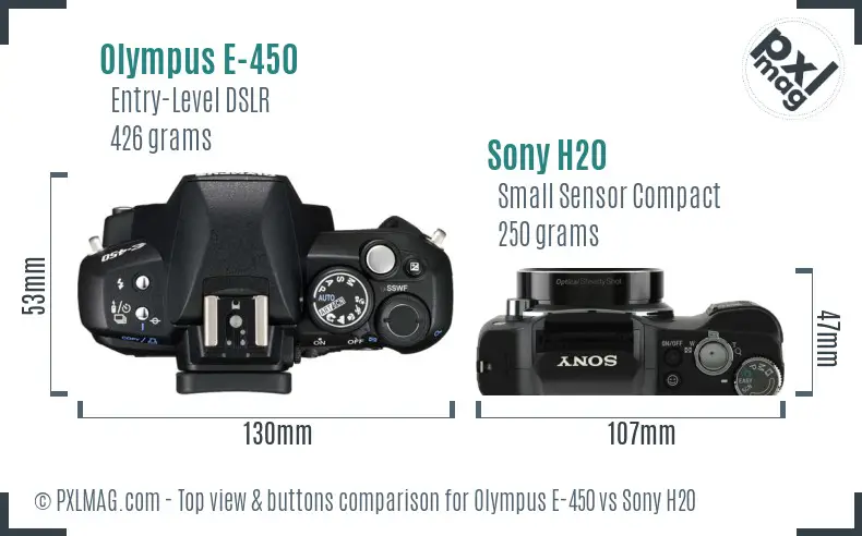 Olympus E-450 vs Sony H20 top view buttons comparison