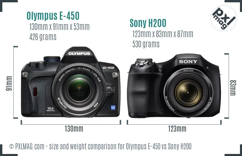 Olympus E-450 vs Sony H200 size comparison