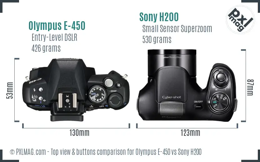 Olympus E-450 vs Sony H200 top view buttons comparison