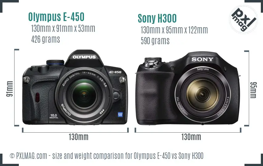 Olympus E-450 vs Sony H300 size comparison