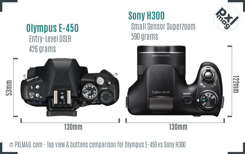 Olympus E-450 vs Sony H300 top view buttons comparison