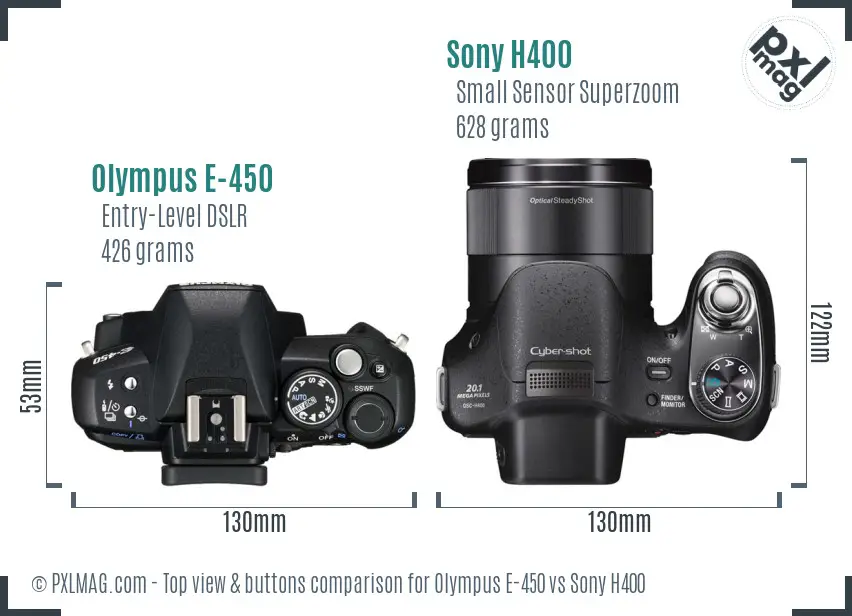 Olympus E-450 vs Sony H400 top view buttons comparison