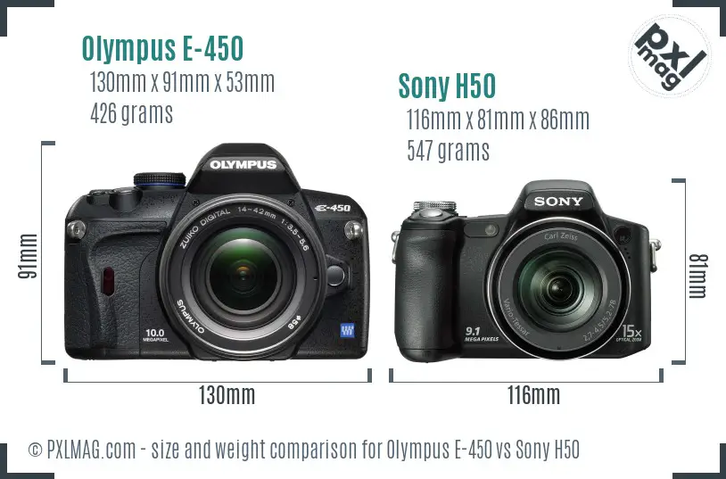 Olympus E-450 vs Sony H50 size comparison