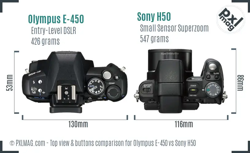 Olympus E-450 vs Sony H50 top view buttons comparison