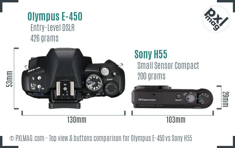 Olympus E-450 vs Sony H55 top view buttons comparison