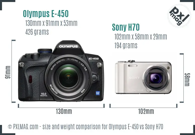 Olympus E-450 vs Sony H70 size comparison