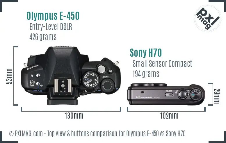 Olympus E-450 vs Sony H70 top view buttons comparison