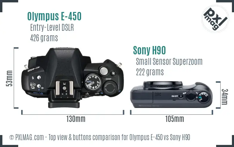 Olympus E-450 vs Sony H90 top view buttons comparison