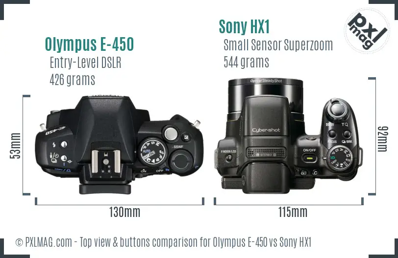 Olympus E-450 vs Sony HX1 top view buttons comparison