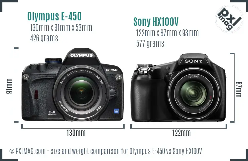 Olympus E-450 vs Sony HX100V size comparison