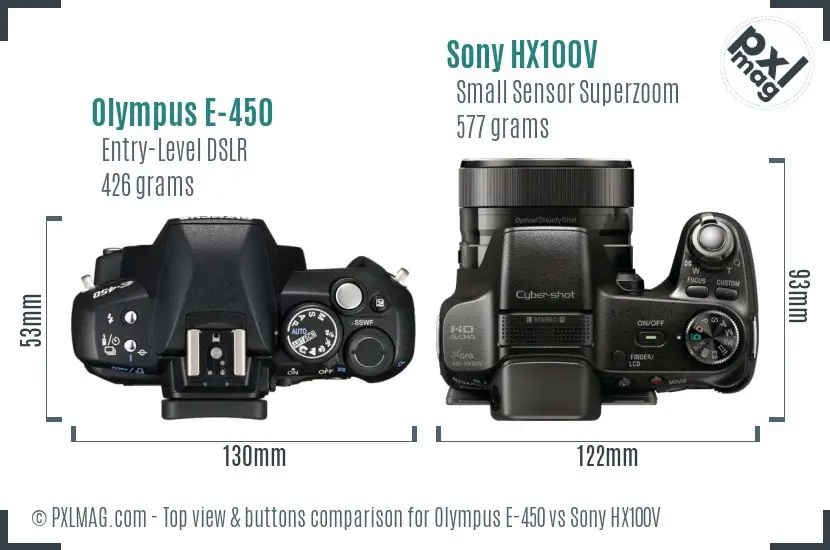 Olympus E-450 vs Sony HX100V top view buttons comparison