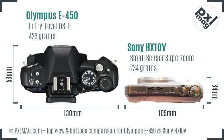 Olympus E-450 vs Sony HX10V top view buttons comparison