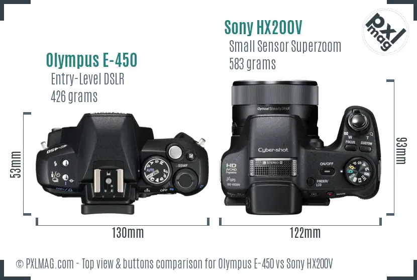 Olympus E-450 vs Sony HX200V top view buttons comparison