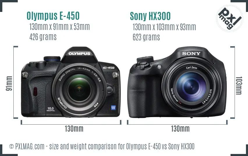 Olympus E-450 vs Sony HX300 size comparison