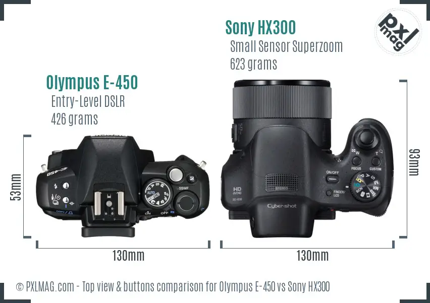 Olympus E-450 vs Sony HX300 top view buttons comparison