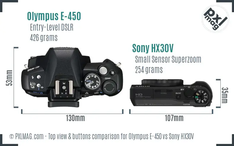 Olympus E-450 vs Sony HX30V top view buttons comparison