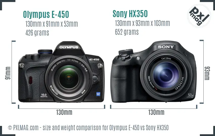 Olympus E-450 vs Sony HX350 size comparison