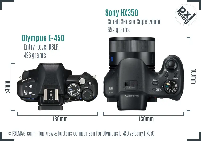 Olympus E-450 vs Sony HX350 top view buttons comparison