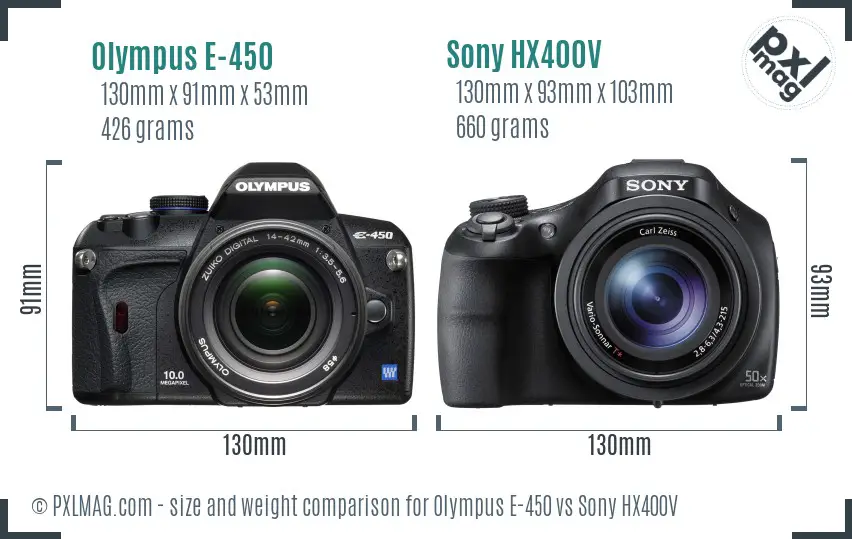 Olympus E-450 vs Sony HX400V size comparison