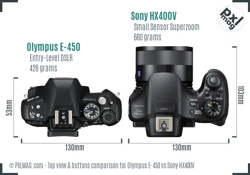 Olympus E-450 vs Sony HX400V top view buttons comparison