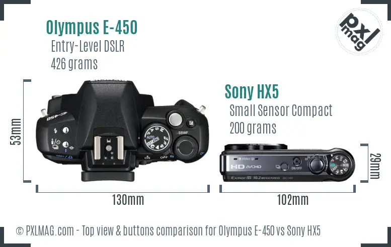 Olympus E-450 vs Sony HX5 top view buttons comparison