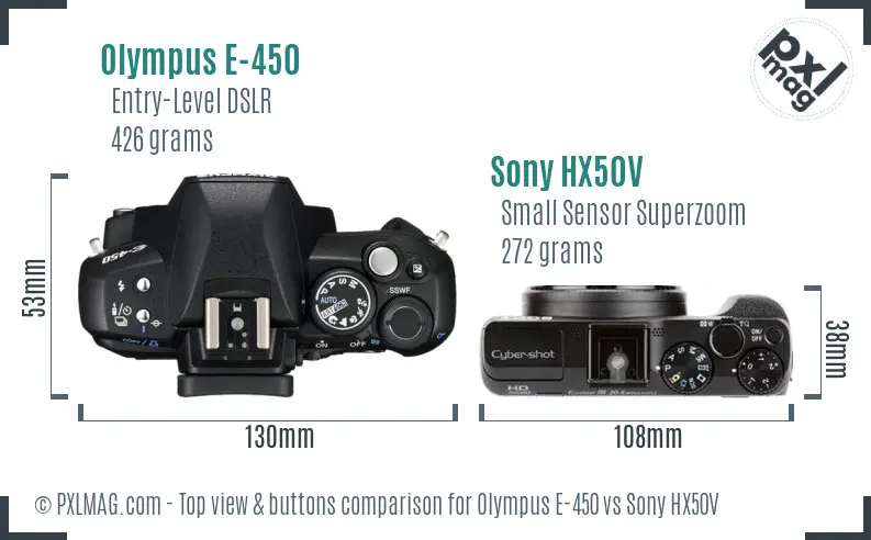 Olympus E-450 vs Sony HX50V top view buttons comparison