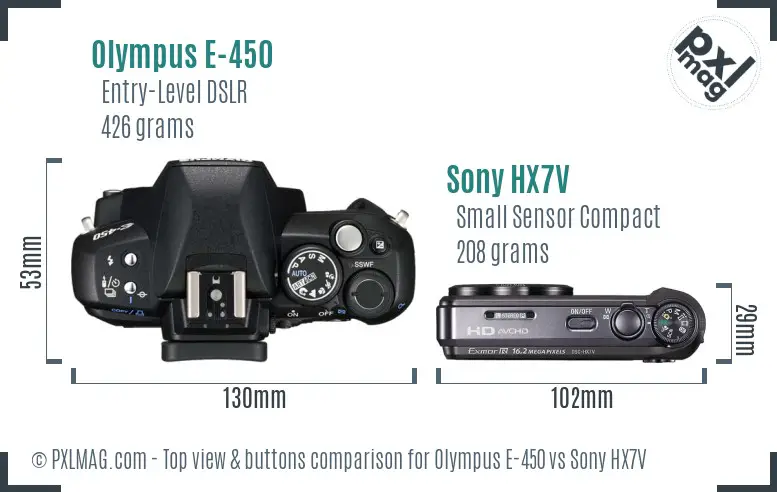 Olympus E-450 vs Sony HX7V top view buttons comparison