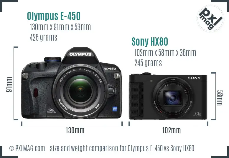 Olympus E-450 vs Sony HX80 size comparison