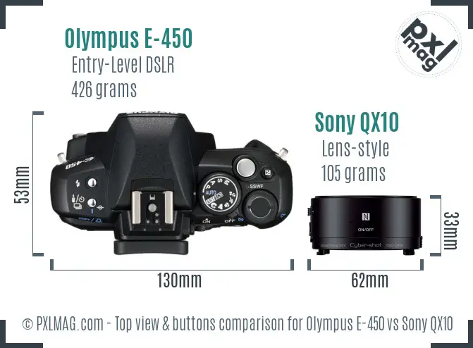 Olympus E-450 vs Sony QX10 top view buttons comparison