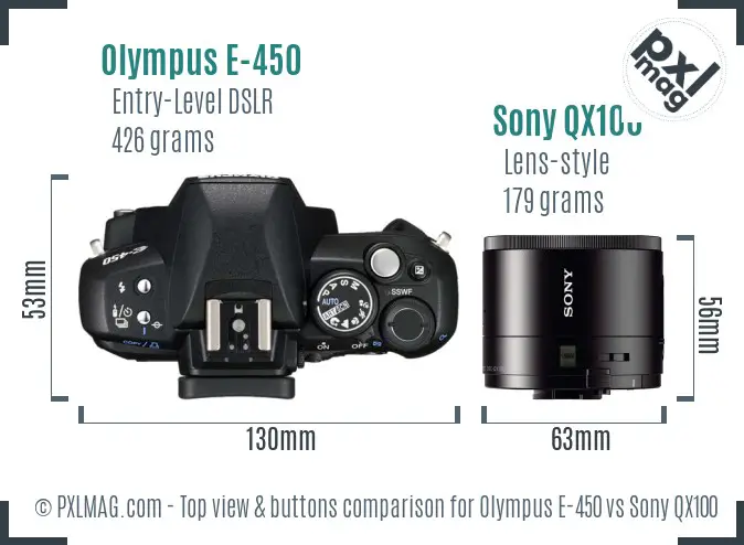 Olympus E-450 vs Sony QX100 top view buttons comparison Olympus E-450 vs Sony QX100 top view buttons comparison