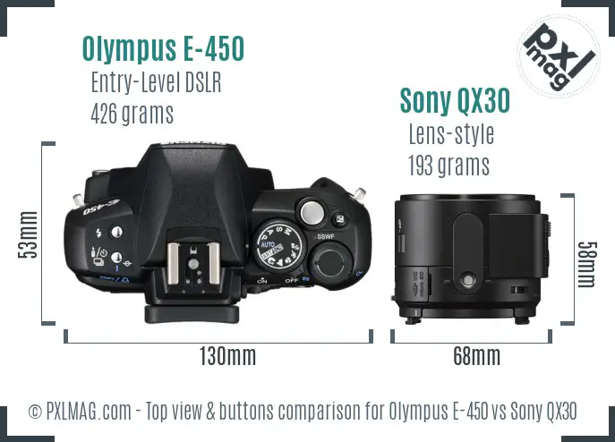 Olympus E-450 vs Sony QX30 top view buttons comparison