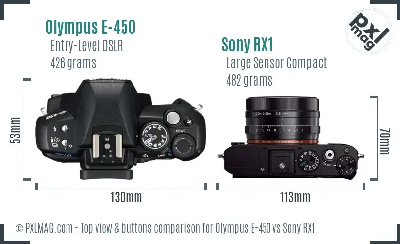 Olympus E-450 vs Sony RX1 top view buttons comparison