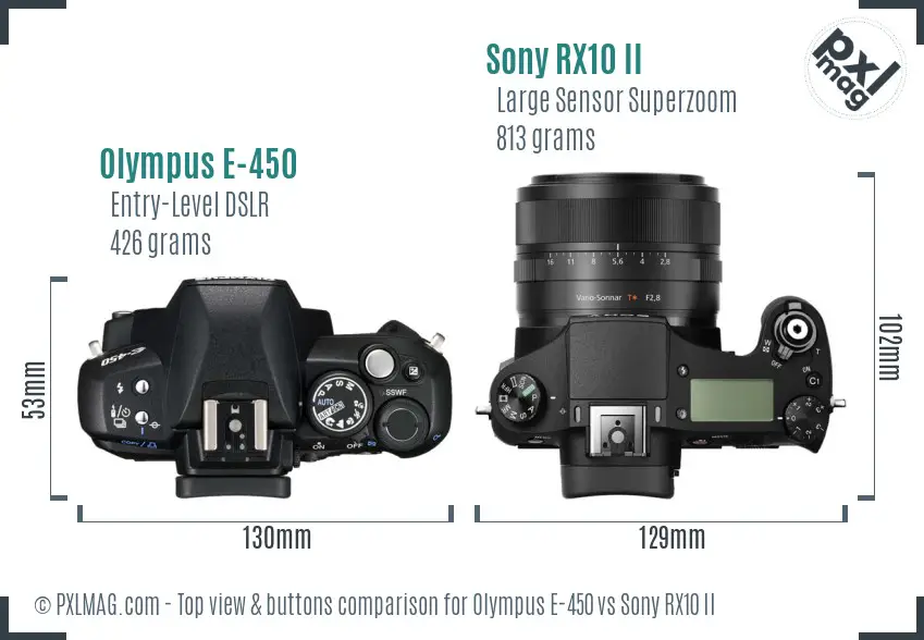 Olympus E-450 vs Sony RX10 II top view buttons comparison